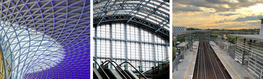 Rail stations featuring various metal products